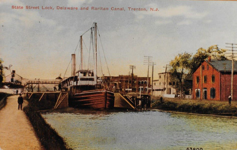 The canalboat F.W. Brune is seen exiting the summit of the canal at the State Street Lock (Lock No. 7) in the City of Trenton and heading south to Bordentown.